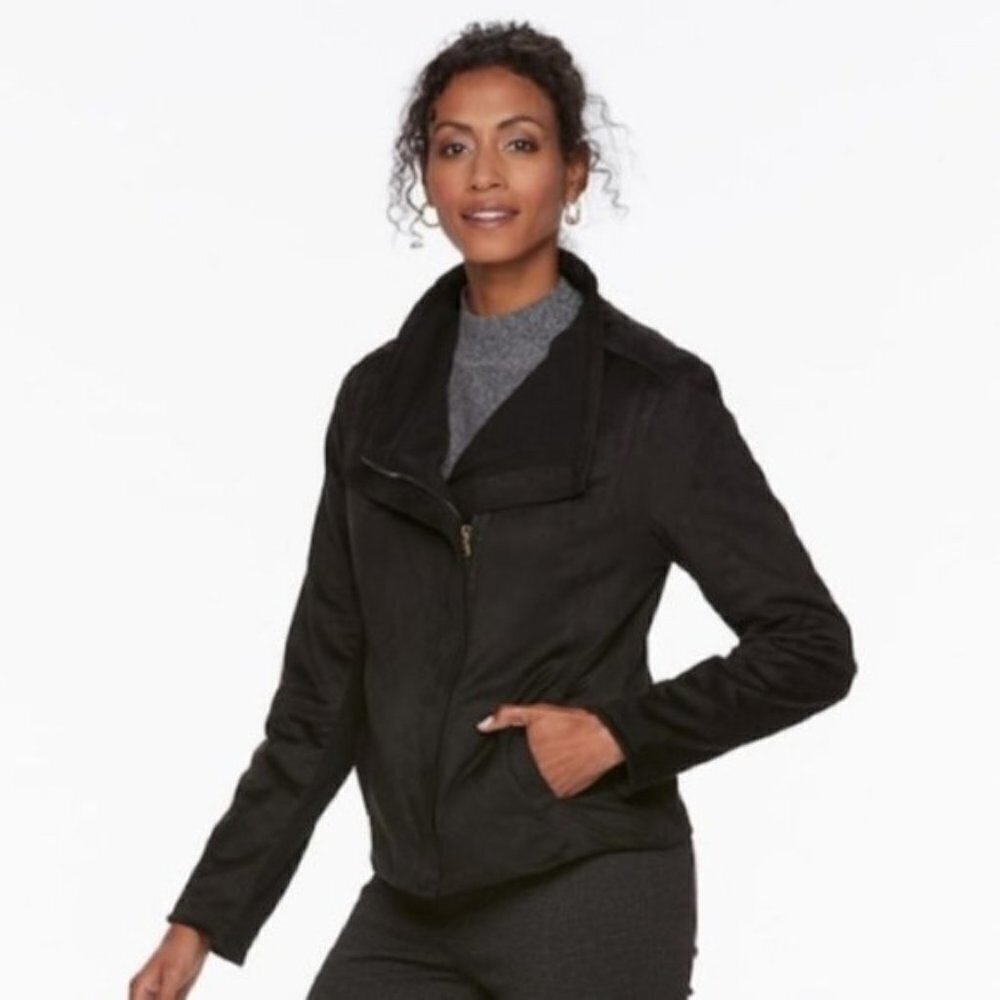 Chaps Womens Black Soft Faux Suede Pockets Lined Full Zip Moto Jacket Sz M New